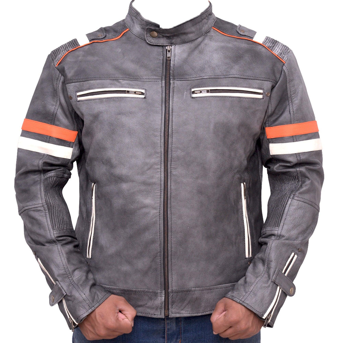 Motorcycle Distressed Grey Retro Biker Real Leather Jacket - MNCLeather