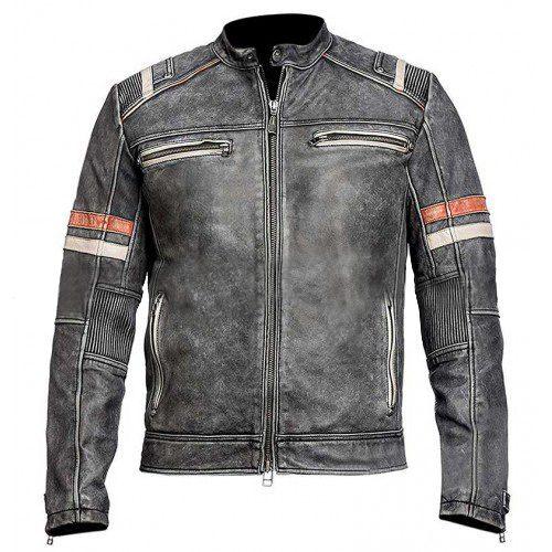 Cafe Racer Retro Distressed Grey Motorcycle Real Leather Jacket for Men - MNCLeather