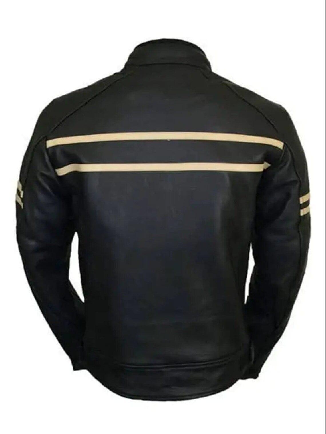 Black Cafe Racer Motorcycle Real Lambskin Leather Jacket with Beige Stripes for Men - MNCLeather