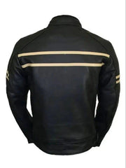 Black Cafe Racer Motorcycle Real Lambskin Leather Jacket with Beige Stripes for Men - MNCLeather
