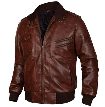 Café Racer Handmade Brown Leather Jacket with Removable Hood - Men's Motorcycle Slimfit Removable Hooded Leather Jacket - MNCLeather