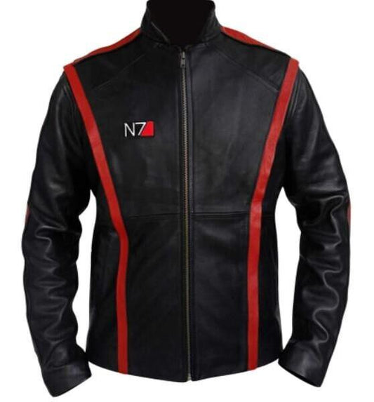 Commander Shephard Inspired Black Motorcycle Leather Jacket for Men - Handmade Black Jacket with Red Stripes - MNCLeather