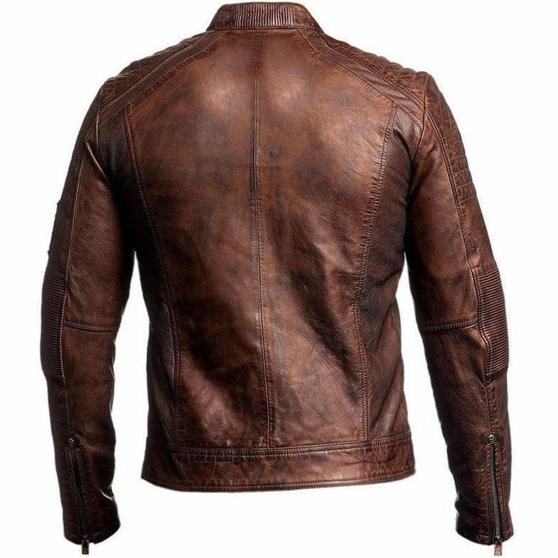 Cafe Racer Retro Motorcycle Distressed Brown Real Lambskin Leather Jacket for Men - MNCLeather