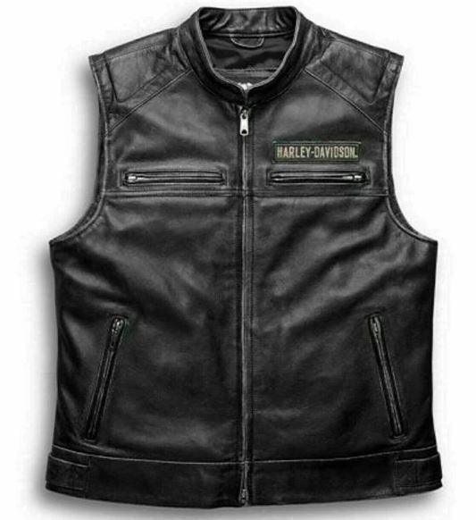 Men's Motorcycle Passing Link Cowhide Black Leather Vest - Handmade Sleeveless Black Leather Vest for Men - MNCLeather