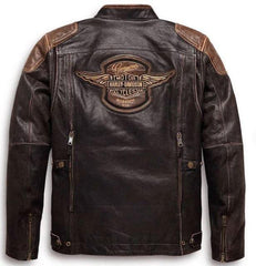 distressed brown harley davidson triple vent cowhide leather jacket