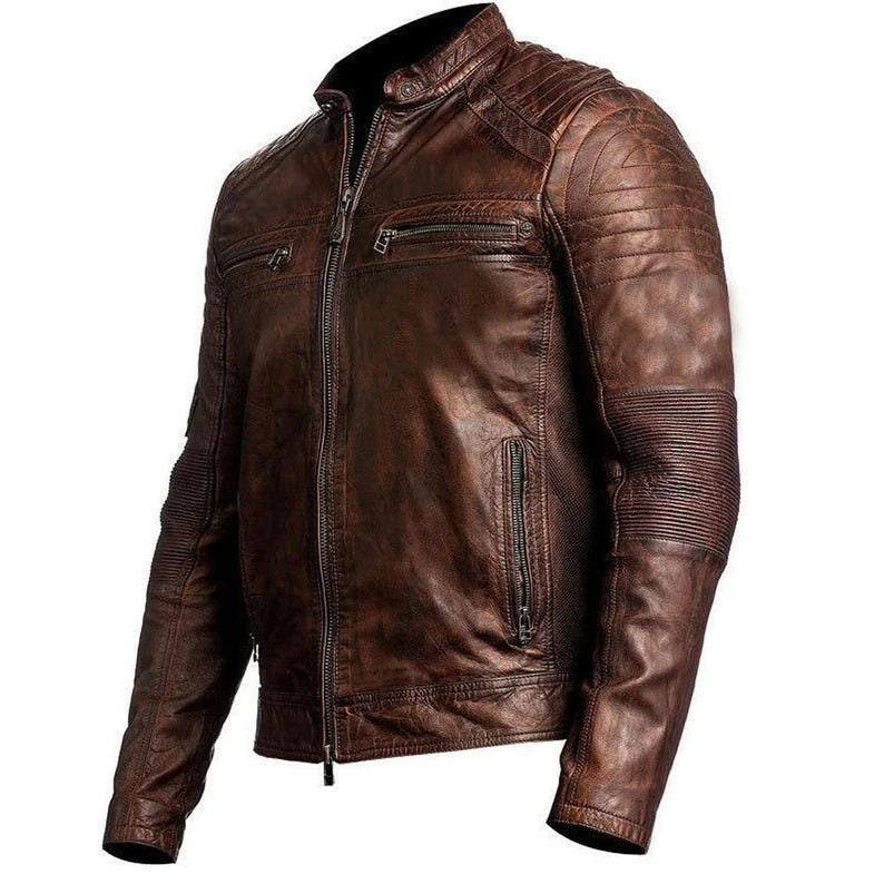 Cafe Racer Retro Motorcycle Distressed Brown Real Lambskin Leather Jacket for Men - MNCLeather