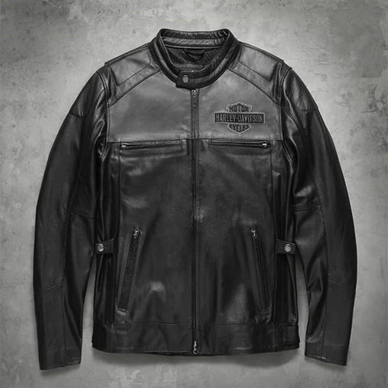 harley davidson distressed black cowhide motorcycle leather jacket for men