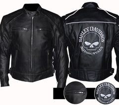 Harley Davidson Reflective Skull Motorcycle Real Leather Jacket with Multiple Pockets - MNCLeather