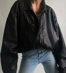 Women Oversize Real Lambskin Black Bomber Jacket - MNCLeather
