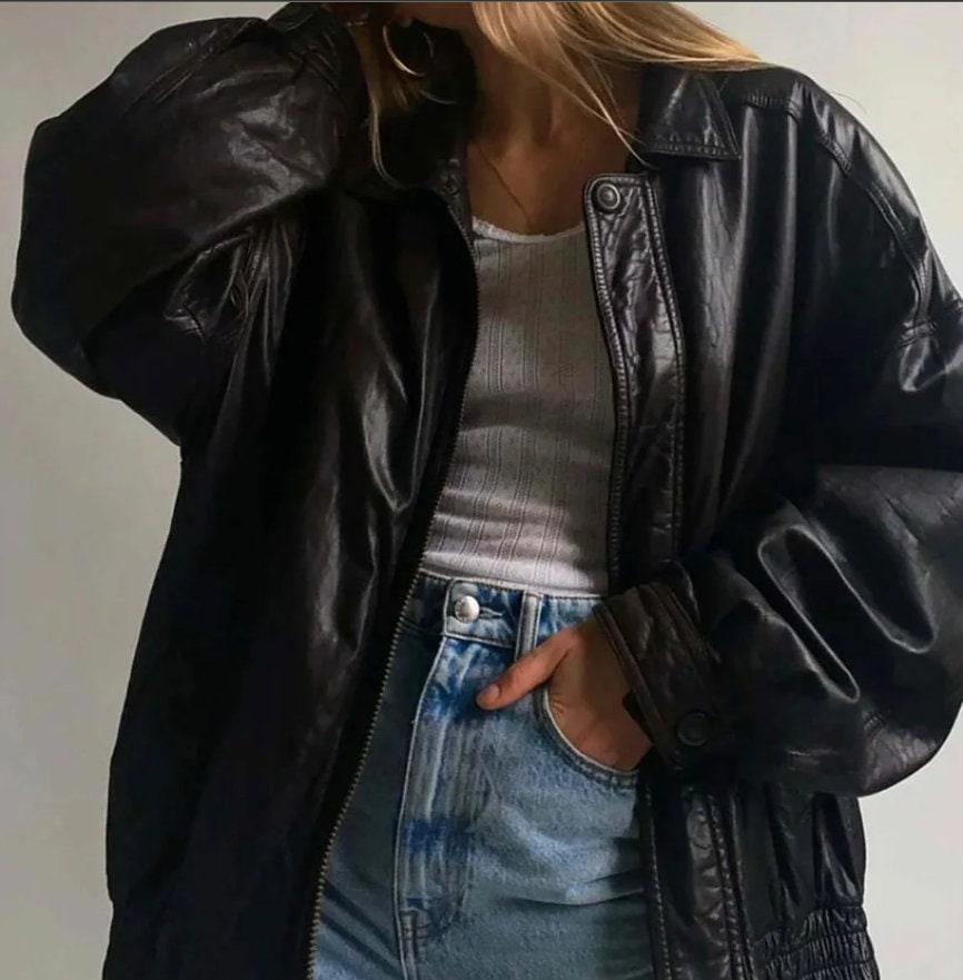Women Oversize Real Lambskin Black Bomber Jacket - MNCLeather