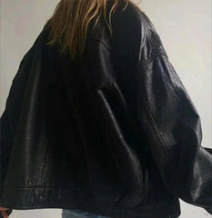 Women Oversize Real Lambskin Black Bomber Jacket - MNCLeather
