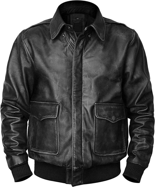 Distressed Black Military Bomber WWII Aviator Bomber Leather Jacket for Men - Cowhide Black Bomber Jacket with Pockets - MNCLeather