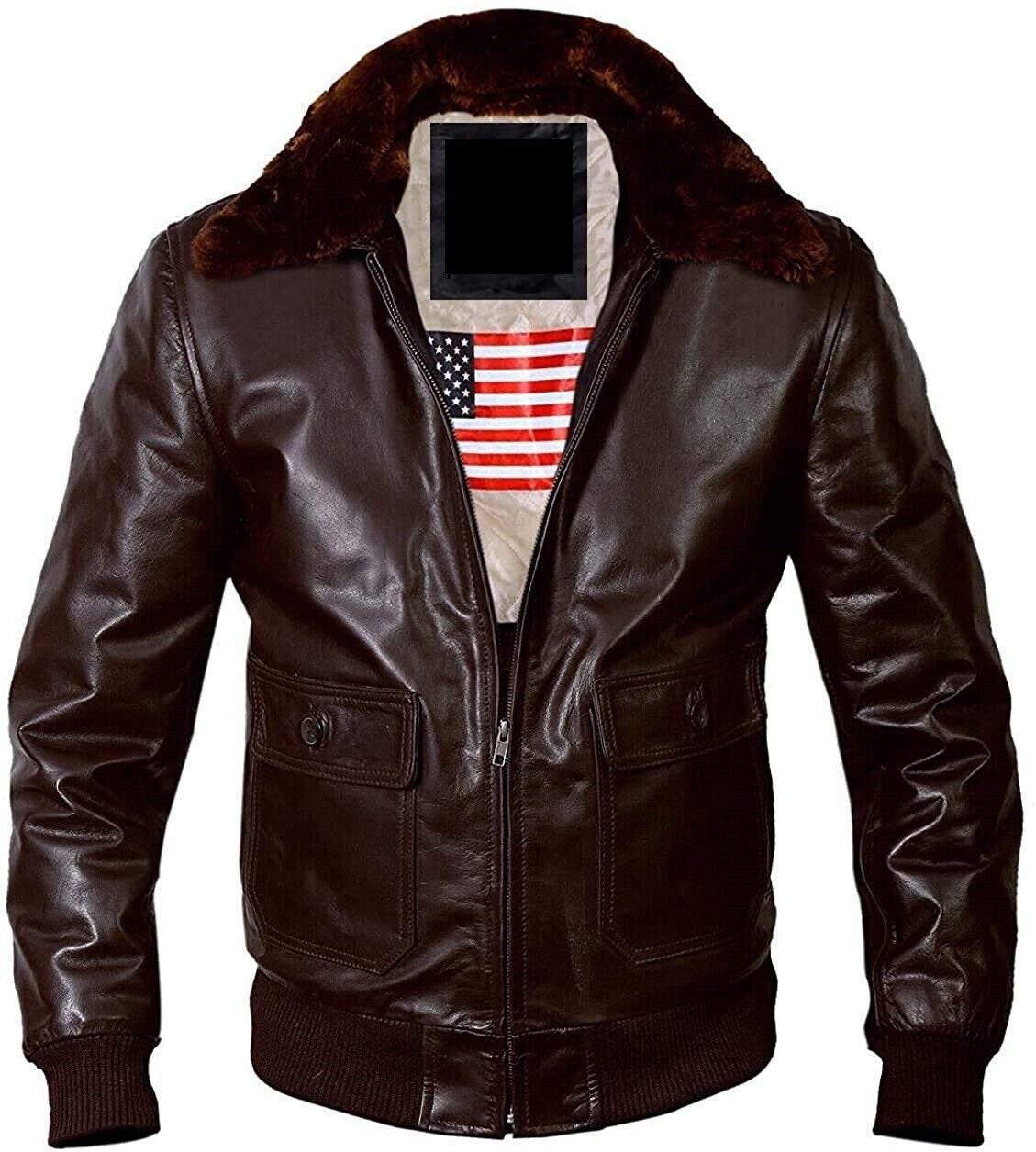 Men's Outerwear A2 Cockpit Pilot Military Brown Bomber Jacket with US Flag Jacket - MNCLeather