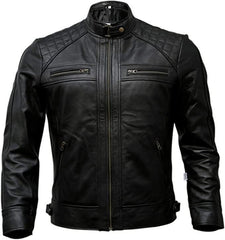 Men's High Quality Cafe Racer Motorcycle Quilted Black Genuine Leather Jacket for Men - Black Vegan Leather Jacket for Men - MNCLeather