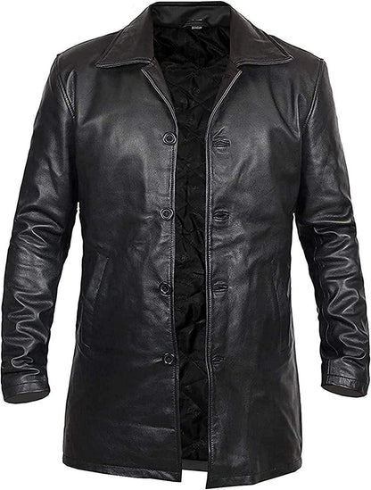 Men Piano Black Real Lambskin Long Length Leather Overcoat - 3/4 Length Genuine Leather Black Long Coat for Men - MNCLeather