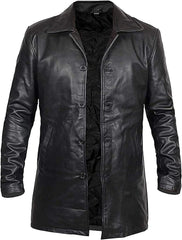 Men Piano Black Real Lambskin Long Length Leather Overcoat - 3/4 Length Genuine Leather Black Long Coat for Men - MNCLeather